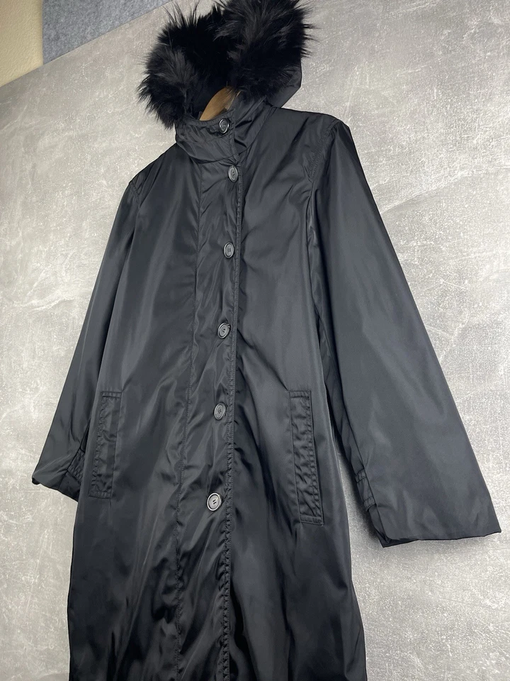 Prada Vintage 2000s Black Nylon Coat with Faux Fur Hood Size 44 Made in Italy - Image 2 of 4
