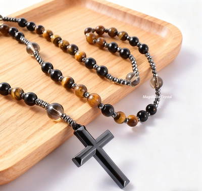 Tiger Eye Rosary Bead Necklace 8mm Stone Catholic Rosary Hematite Cross Bracelet