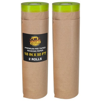 Dura-Gold Pre-Taped Masking Paper 18'' x 50' Tape & Drape Paint Masking 2 Rolls
