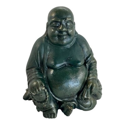 Steingarten Happy Buddha sitzend grüne Patina Statue H-7,5  B-6,5  wiegt 2,7kg