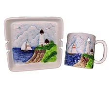 Vtg Otagiri Set of 2 Sailboats Lighthouses 3D Textured Coffee Tea Mug & Ashtray