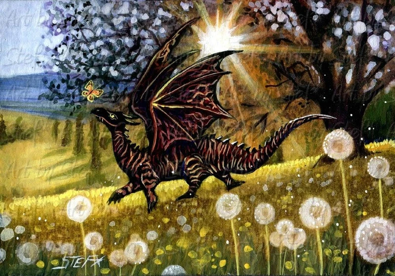 SKIP the DRAGON Butterfly Dandelions Sunshine Original ACEO PAINTING Art by Stef