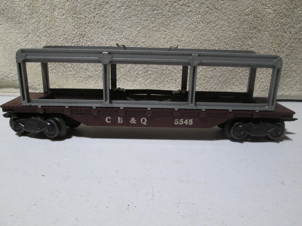 3) MARX Cars CB&Q Auto Carrier, B&O Box car & Erie Log Dump Car O Gauge 1959? - Image 4 of 4