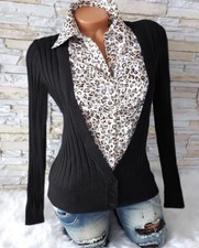 Pullover Cardigan mit Bluse 2in1 Set Schwarzer Pulli + Leopard Bluse 34 36 38