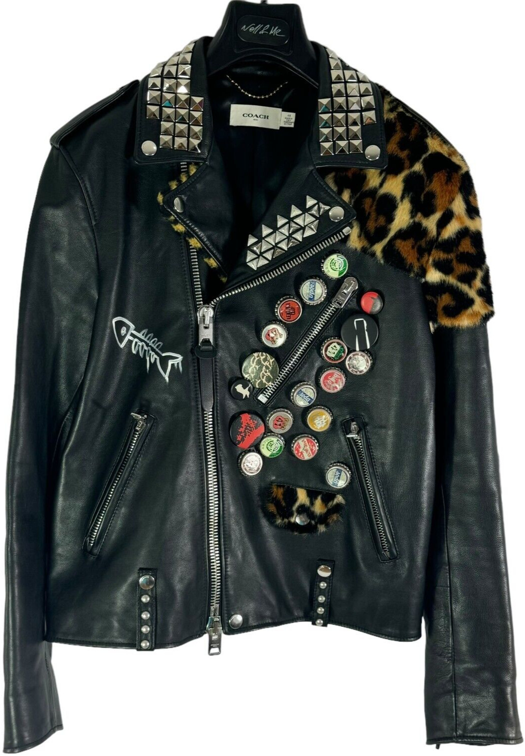 COACH Moto Biker Black Leather Embellished Studded Pins Fur