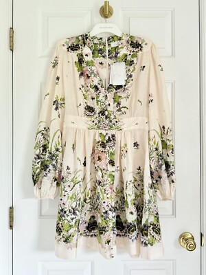 ZIMMERMANNミニワンピース フローラルプリント【関税なし】 NWT $750 Zimmermann Halliday Natura Plunge Floral Cream Mini