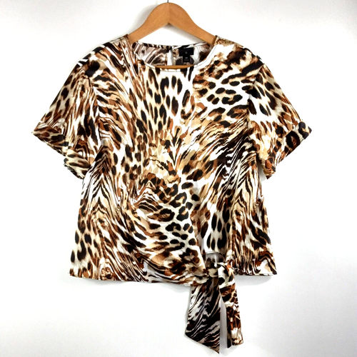 Worthington Blouse Top Shirt Women's Size XS Brown Black White Animal