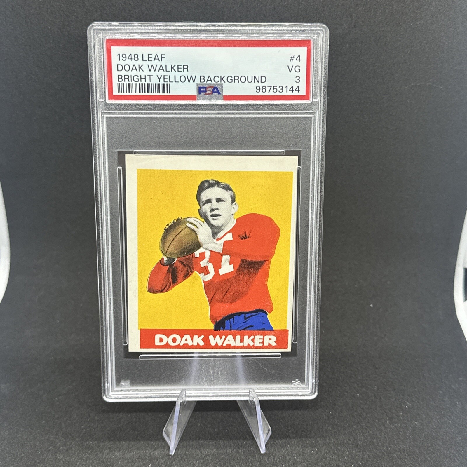 1948 Leaf FB Card # 4 Doak Walker Detroit Lions HOF YELLOW BKGRD PSA VG 3