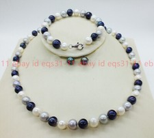 White Silver Black Freshwater Pearl Necklace Bracelet Earrings Jewelry Set