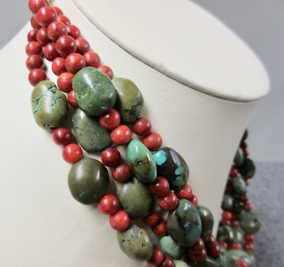 Southwestern Multi Strand Green Turquoise and Apple Coral