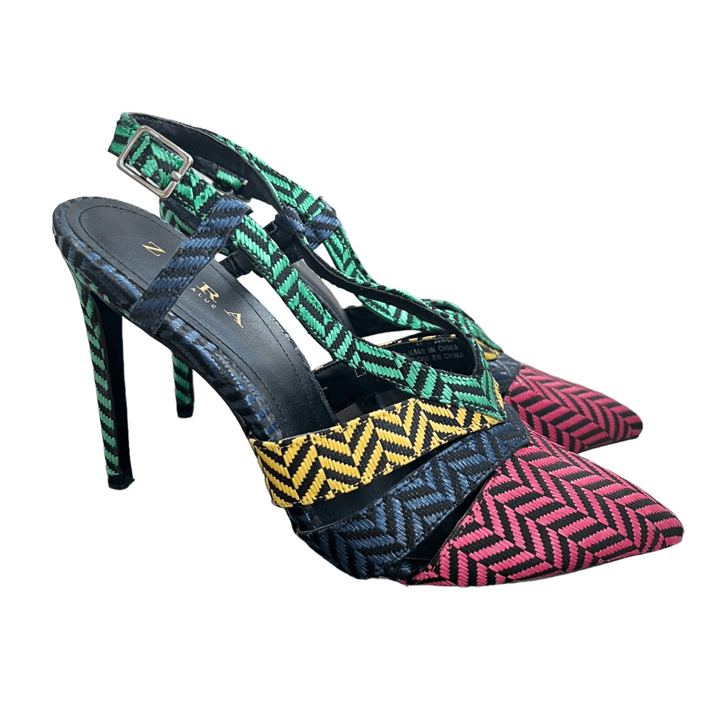 Zara Herringbone Multicolor Heels Pointed Toe Strappy Sz EU
