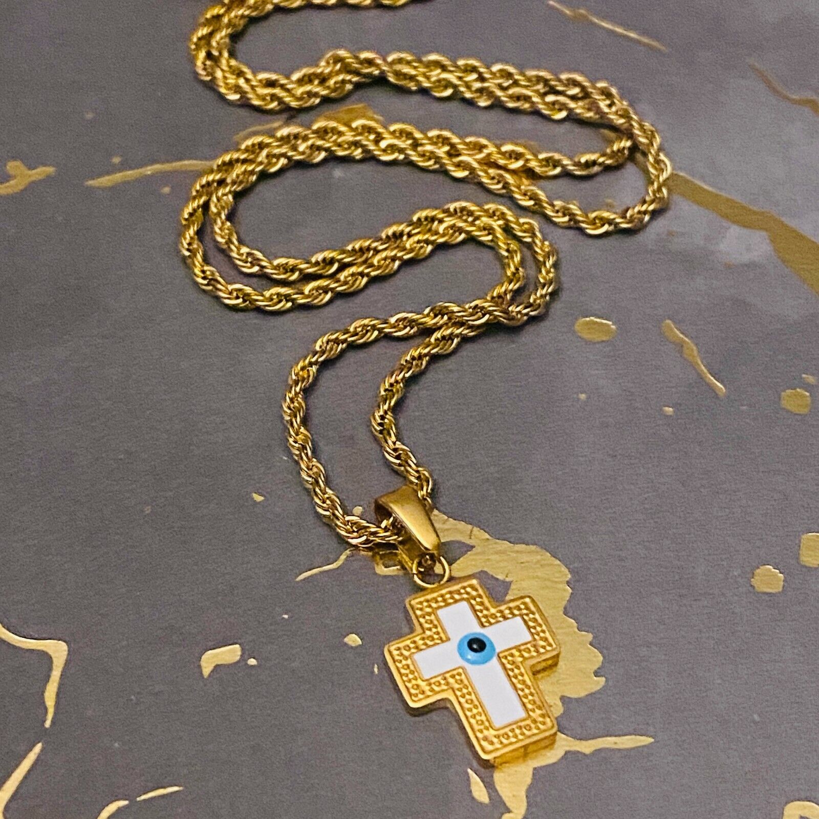 Evil Eye of Protection Cross Pendant Men Women solid 14k Gold Finish Rope  Chain
