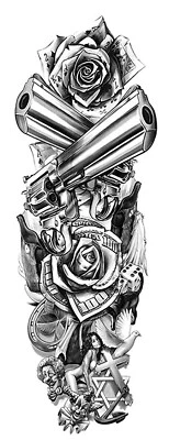 MARKENLOS XXL Temporäres Tattoo Pistolen Gun Rosen Blumen Full Arm Tod Geld Money Rosen
