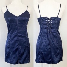 90s Victoria  s Secret NWT Silky Stretch Satin Jacquard Blue Corset Slip Dress M