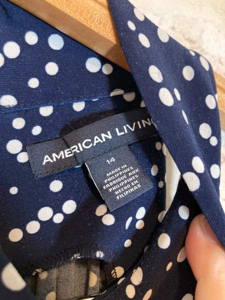 American Living Halter Dress Womens 14 Navy Blue Polka Dots Midi Fit & Flare - Image 3 of 4