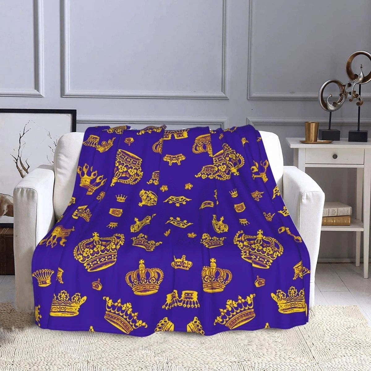 Plush Throw Blanket Royal Crowns Gold Purple Soft Fuzzy Fleece Blanke