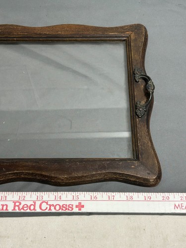 Vintage Antique WOOD GLASS Ornate Iron Handle Rectangle 20" x 12" SERVING TRAY - Picture 2 of 12