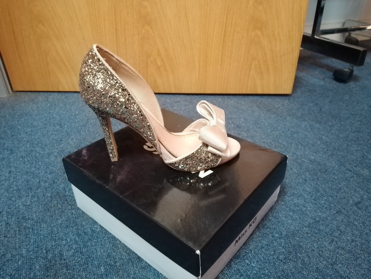 BNIB RRP £85 Nude/Gold Glitter Miss K G Party Stiletto Heel Bow Shoes UK  EU 39 - Main Image