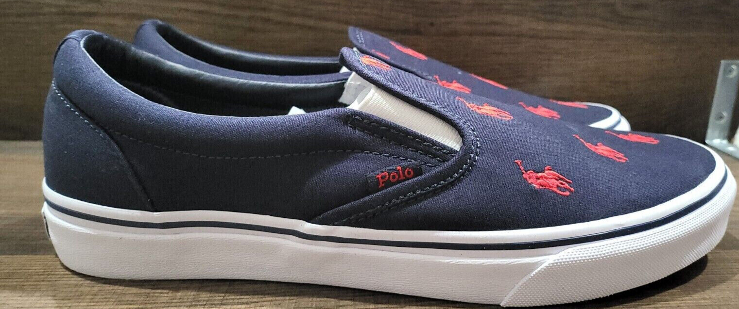 POLO RALPH LAUREN KEATON ALLOVER PONY SLIP ON SCARPE UOMO COLORE NAVY ROSSO TAGLIA 12D