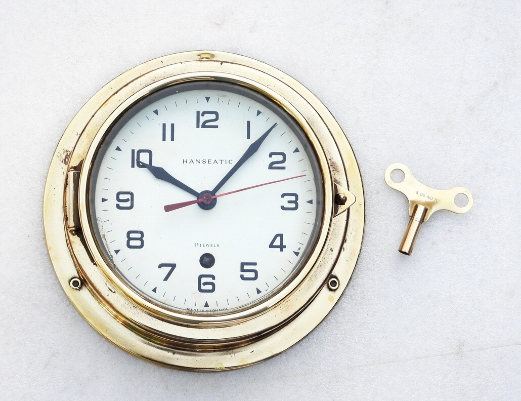 LARGE BRASS HANSEATIC 11JEWELS GERMANY SHIPS MECHANICAL WINDING