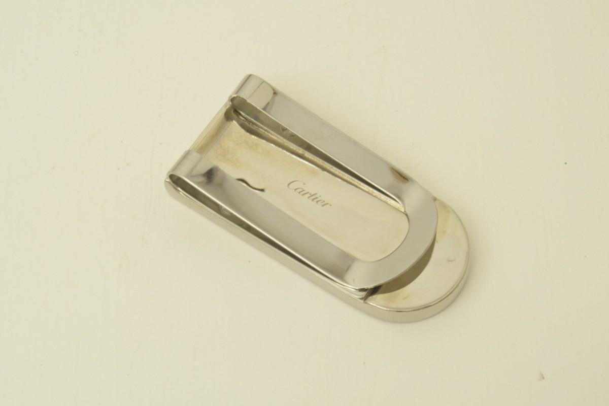 Authentic Cartier Double C Decor Logo Money Clip SS Black Leather