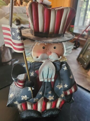 Uncle Sam Home Interiors 4 Patriotic Flag Tin Lantern Candle Holder red Blue - Picture 1 of 3