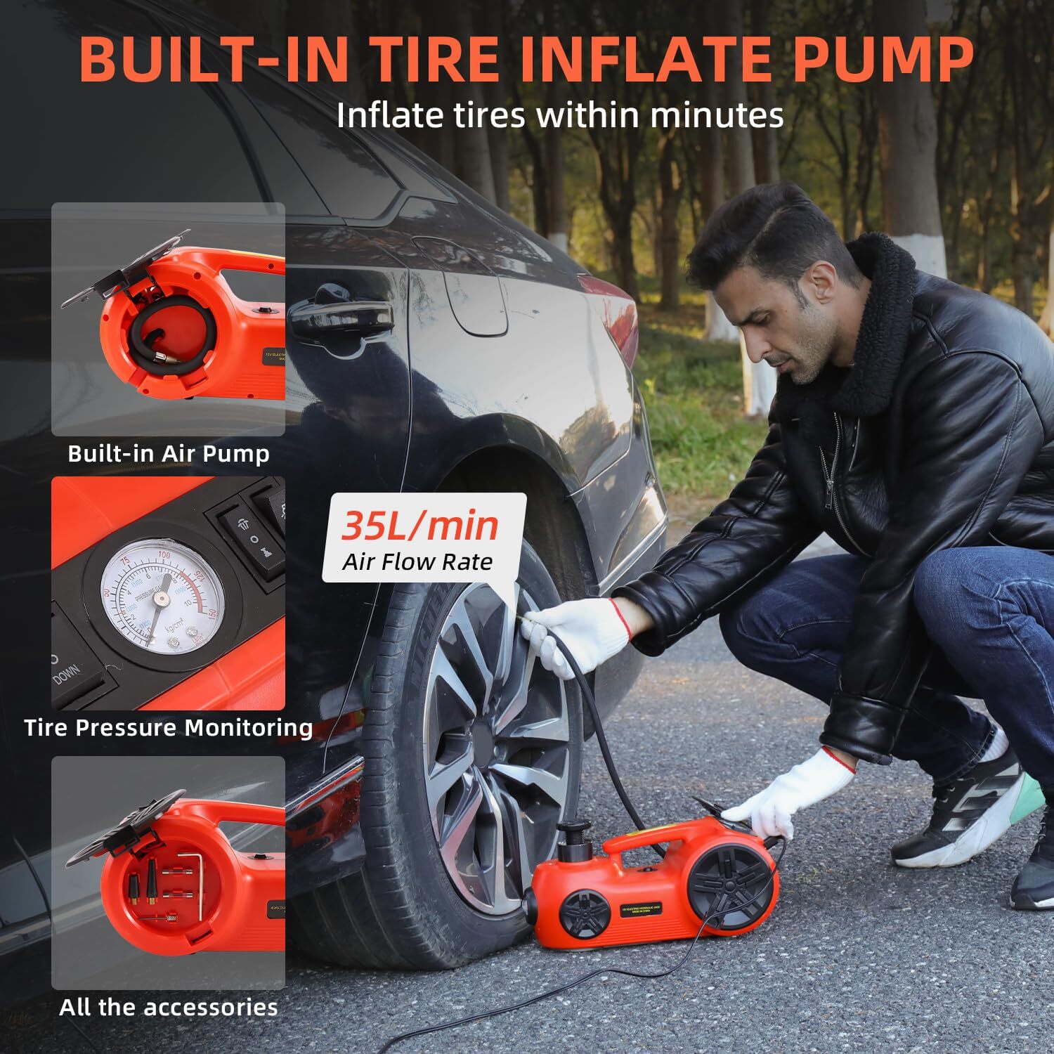 Electric Car Jack Kit 5 Ton 12V Hydraulic Floor Jack with Tire Inflator Pump