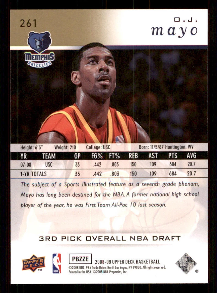 2008-09 Upper Deck Electric Court Gold #261 O.J. Mayo - Image 2 of 2