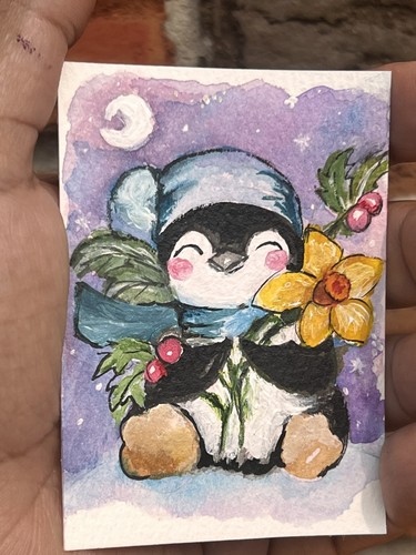 ACEO Original Painting – December birth month flowers with penguin- by Ang