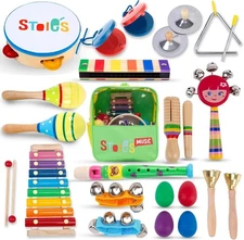 Wooden Musical Instruments for Kids 3-5 Years - Xylophone, Maracas, Tambourine