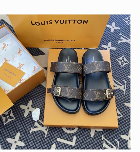 Louis Vuitton Monogram Slide Sandals Buckle Adjustable Straps 8.5 Brown/Black