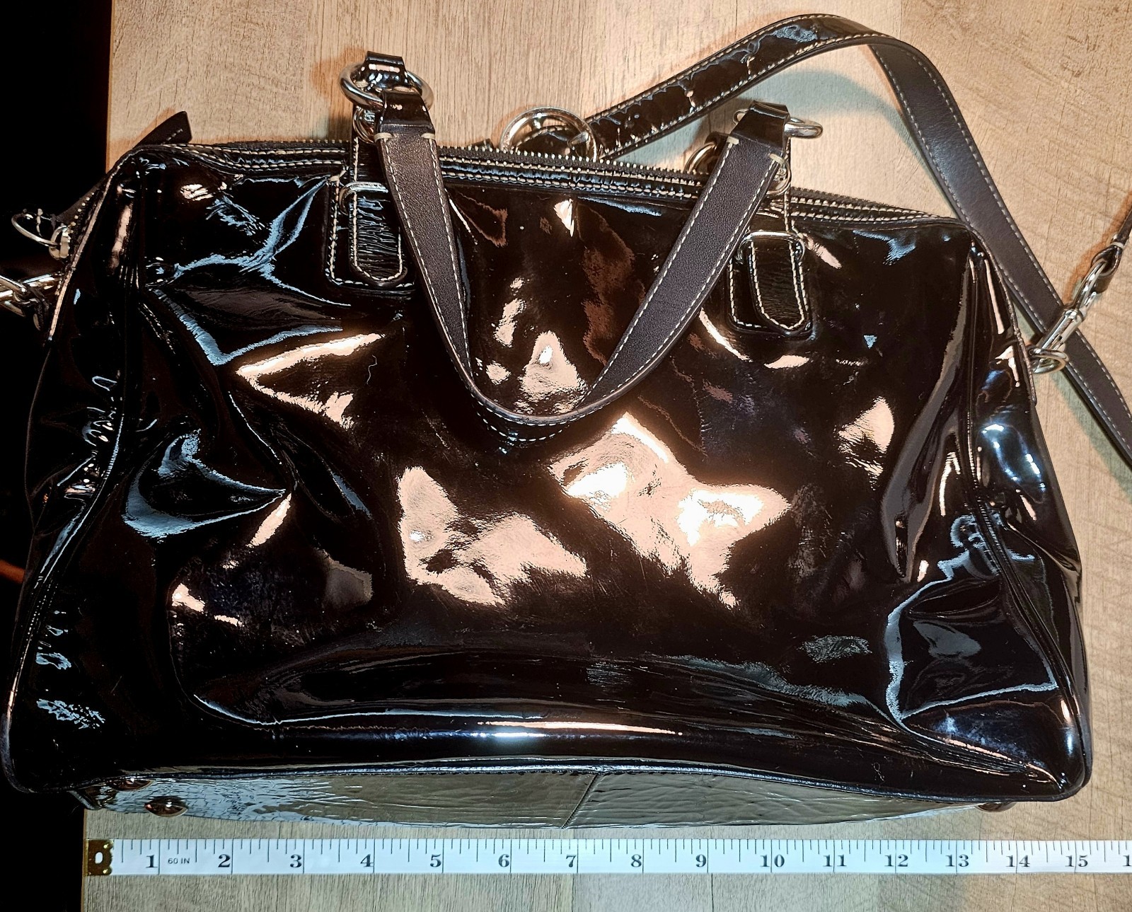 Coach Large Black Patent Leather Satchel with Silver Ocelot Lining