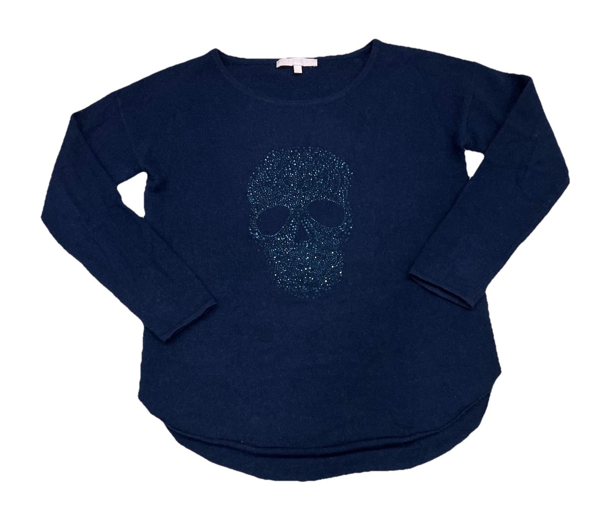 THE CASHMERE PROJECT Rhinestone Skull Blue 100% Cashmere Crew Neck