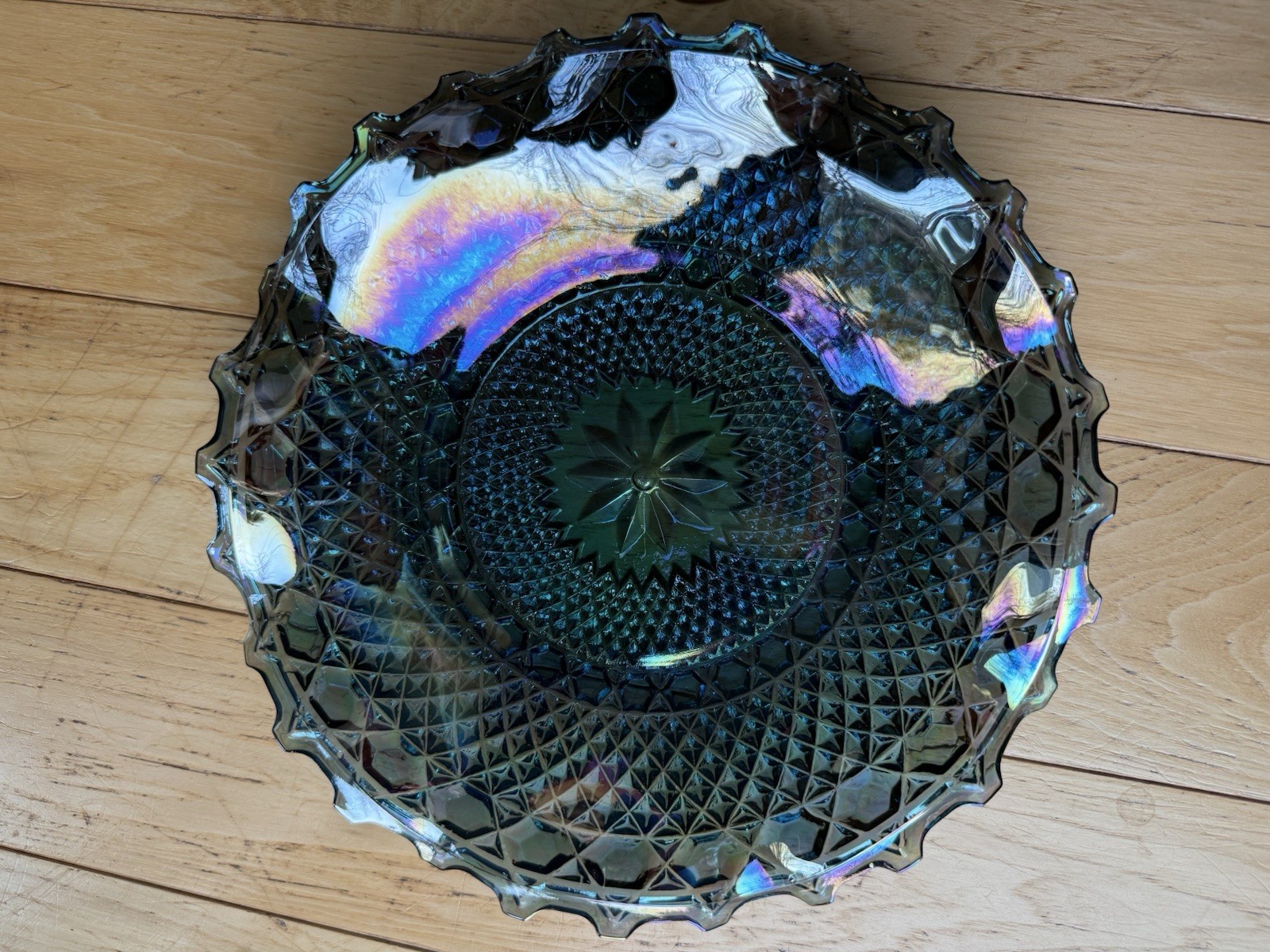 Vintage Blue Iridescent Carnival Glass 10 Inch Scalloped Edge Bowl Dish