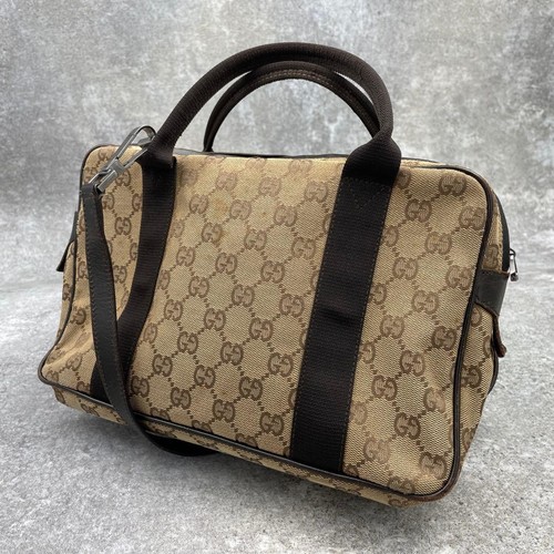 GUCCI GG Shoulder Hand Bag Zip Top Leather Canvas Brown Beige Silver