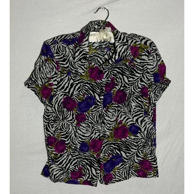 Caribou New York Vintage Zebra Floral Rayon Blouse Short Sleeve Button Up Medium