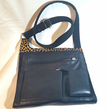 Cristian Italy Black Leather Crossbody Bag Leopard Calf Hair Multi Pocket 