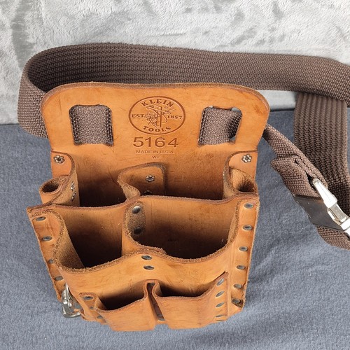 Vintage Klein Tools 5164 Leather 8 Pocket Electrician Tool Pouch With Web Belt - Picture 2 of 12