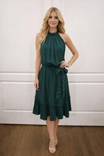 Green Halter Dress Open Back Belted Ruffle Hem Tiered Fit Flare Womens M NEW