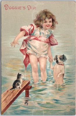 Vintage Postkarte Mädchen Hund Katze Hündchen Dip Wasser Waten Künstlerisch