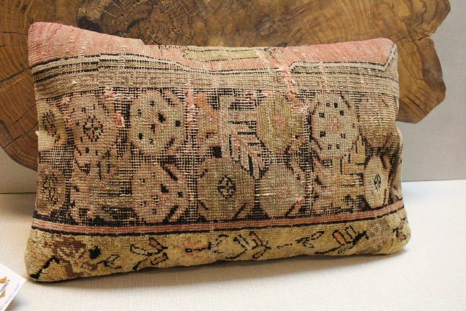 Vintage Turkish Rug Pillow Cover 16x24 Handwoven Distressed Floral Cushion - Image 4 of 4