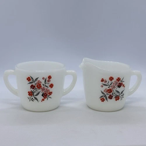Vintage Anchor Hocking Fire King Primrose Milk Glass Sugar Bowl and Creamer Set