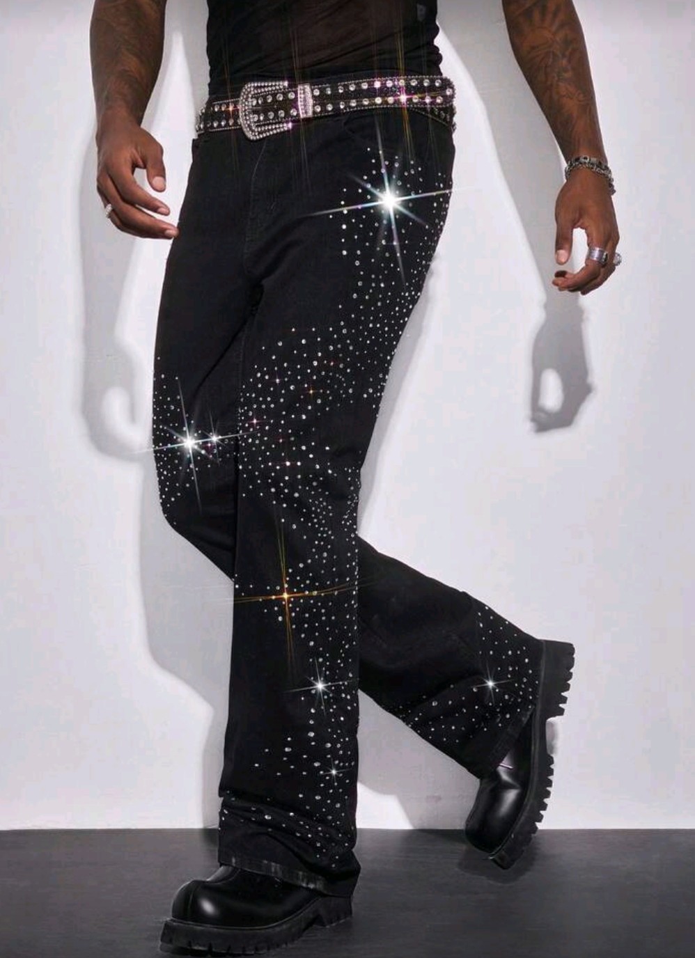 Diamond Rhinestones Black Denim Trousers High Quality