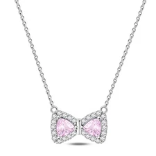 KUNSIR 925 Sterling Silver Necklace with Pink Bow Pendant For Women Jewelry Gift
