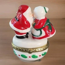 Porcelain Santa Clause & Mrs. Clause Kissing Trinket Box 2.5" Hinged Unused Mint