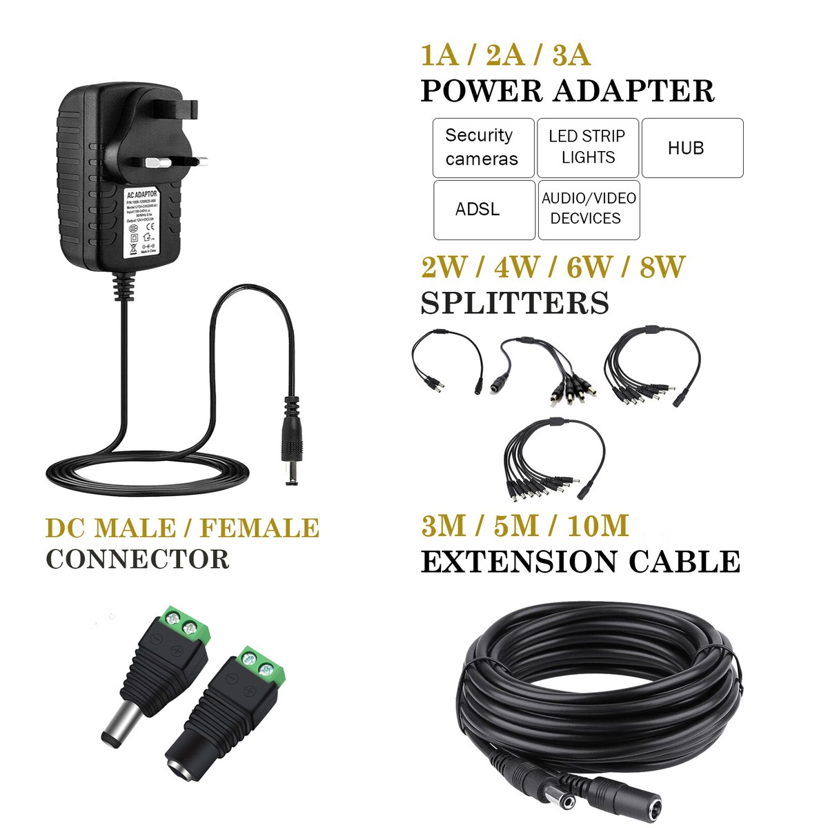 12V 1A 2A DC Power Supply Extension Cable Wire 12V for CCTV Camera DVR PSU  Lead