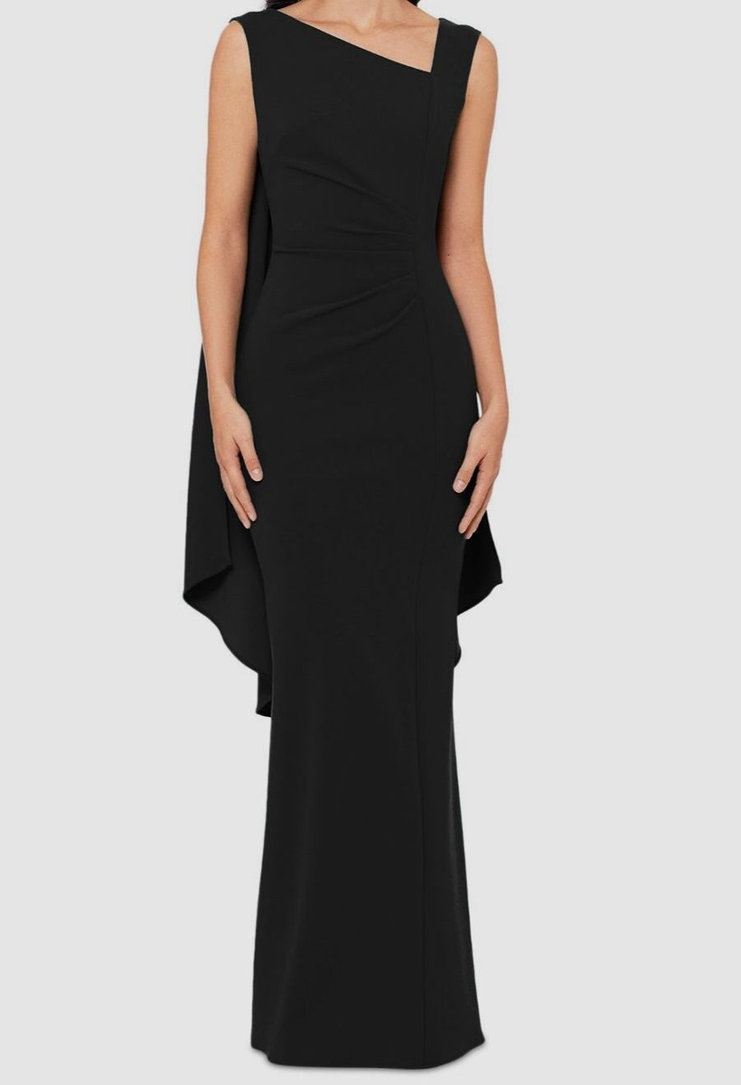 Xscape Women's Black Asymmetric-Neck Sleeveless Cape Gown Dress Size 6