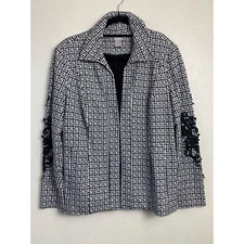 Chico’s 1 Black White Floral Appliqué Lace Blazer Jacket Size 10 Office Career
