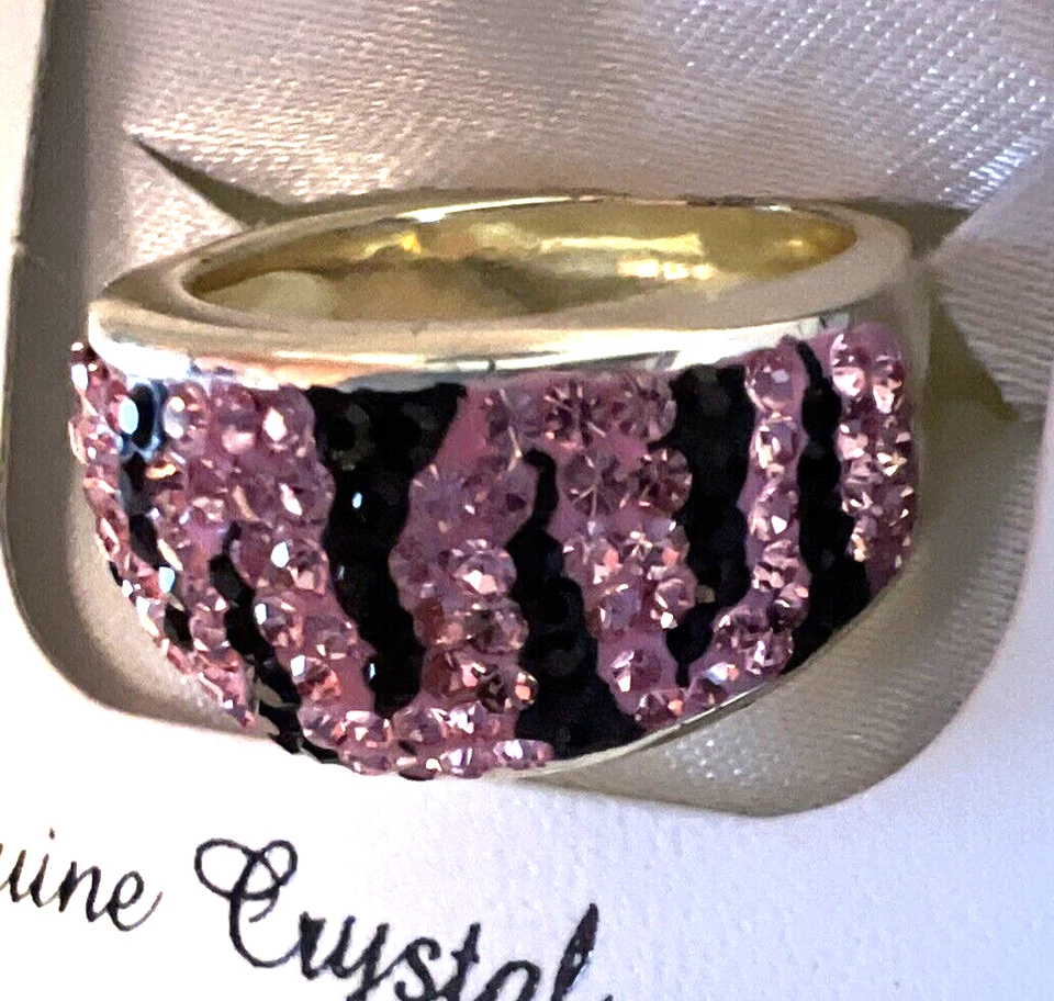 Anel de cristal pavê de zebra rosa e preto folheado a latão tamanho 7 INCRÍVEL! - Imagem 4 de 4