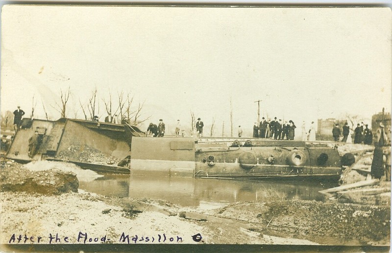 Massillion OH Derailed Locomotive and Tender after the 1913 Flood RPPC